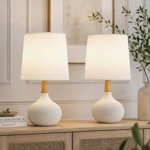 14" Modern White Ceramic Small Table Lamp with Pre-Assembled Shade (Set of 2) - White