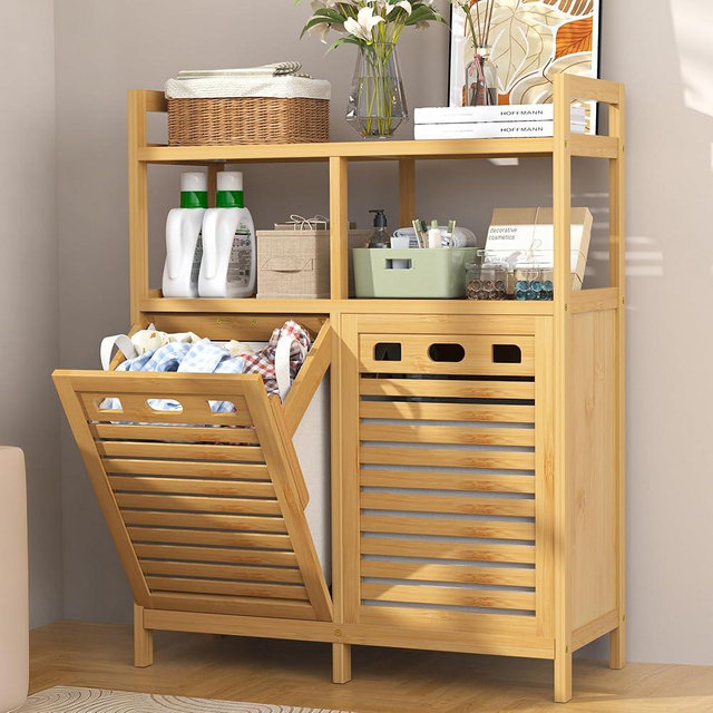 VASMIA Tilt Out Laundry Hamper Cabinet, Bamboo Double Laundry Hamper with 2 Removable Laundry Baskets, 20 Gal Laundry Sorter Organizer with Shelf for Dirty Clothes, Bathroom, Laundry Room, Natural