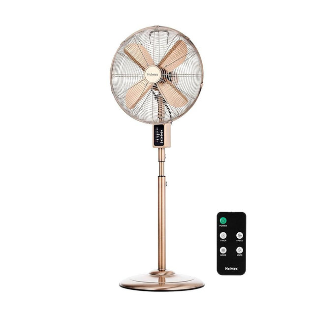 HOLMES 16" Copper Digital Metal Stand Fan, 75° Oscillation, 3 Speeds, 4 Blades, 3 Modes, 7.5-Hour Timer, Adjustable Height, 20° Head Tilt, Ideal for Home, Bedroom or Office, Remote Control