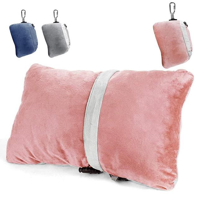 Compact Travel Pillow Made with Shredded Memory Foam and Super Soft Fleece Fabric for Ultimate Comfort in Travel. Patented Design Rolls and Compacts Small for Travel. (Pink)