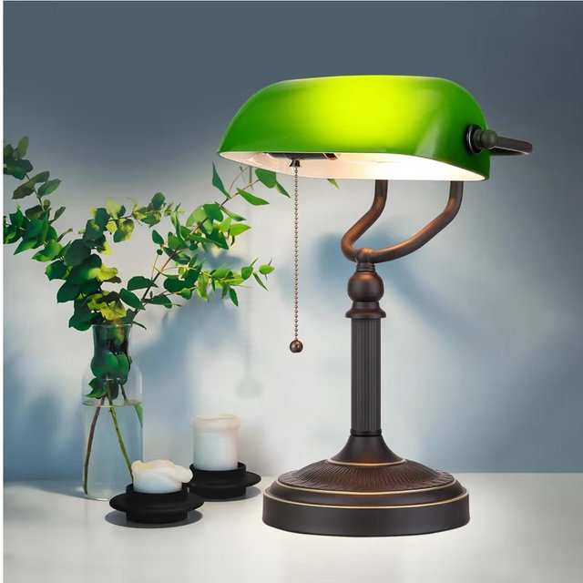 Newrays Green Glass Bankers Desk Lamp with Pull Chain Switch Plug in Fixture