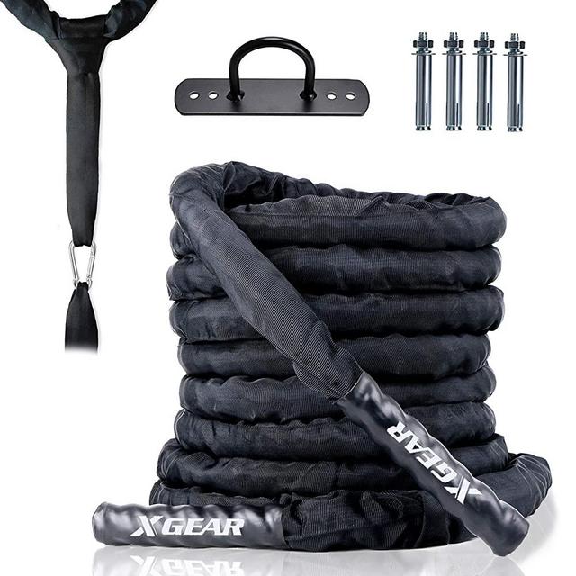 XGEAR Heavy Battle Rope,1.5'' Dia, 30' 40' Lengths Workout Rope with Upgraded Polyester Cover, Anchor Strap, Wall Mount Kit,Undulation Ropes for Home Gym & Outdoor Strength Training, Cardio Workout