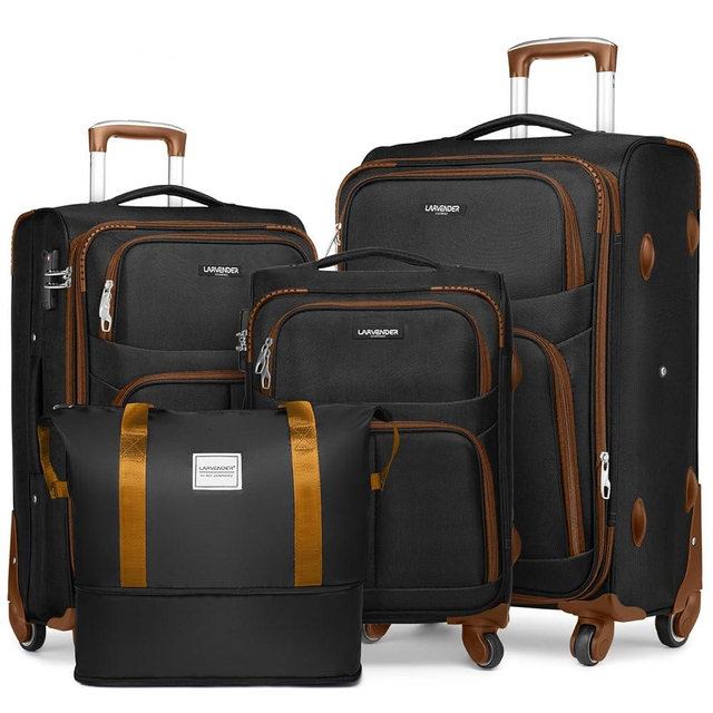 LARVENDER Softside Luggage Sets 4 Piece with Duffel Bag, Expandable Rolling Suitcases Set with Spinner Wheels, Lightweight Travel Luggage Set with TSA-Approved Lock, Black (20/24/28)"