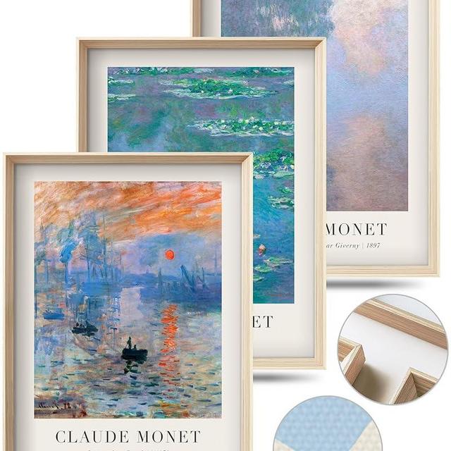 Framed Claude Monet Water Lilies Canvas Wall Art,Vintage Impressionist Botanical Painting,16x12IN High Framed Design Prints,Minimalist Classic Decor Aesthetic for Living Room,Bedroom,Bathroom Set of 3
