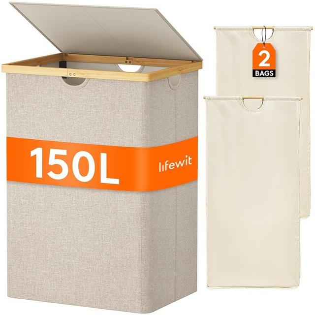Lifewit 150L Double Laundry Hamper with Lid, Extra Large Bamboo Laundry Basket Dirty Clothes Hamper, 2 Section Laundry Bin Organizer for Laundry Room Bedroom with 2 Removable Liners & Bags, Beige