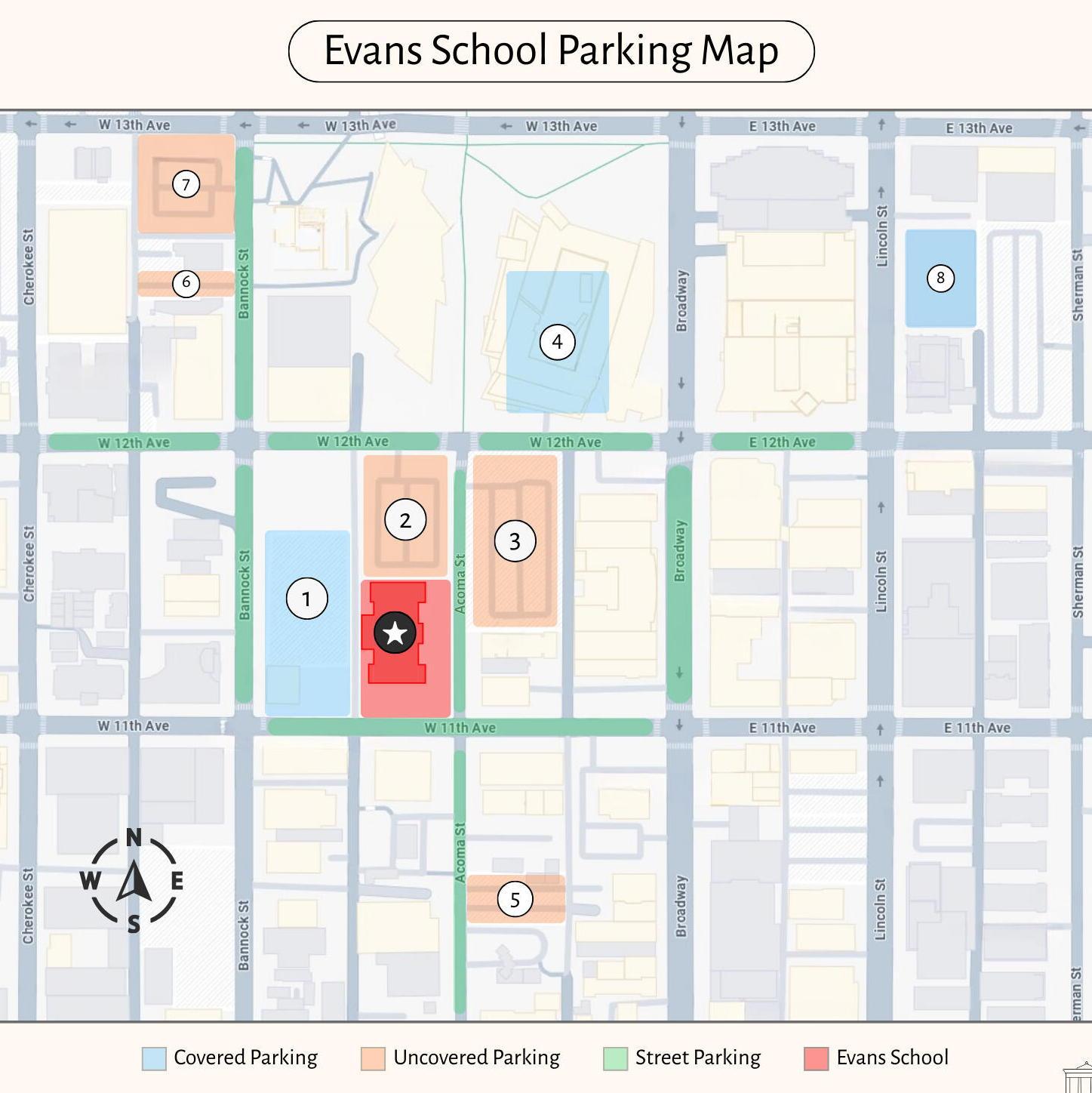 A map of the closest parking options. They are numbered in order of proximity to the venue.