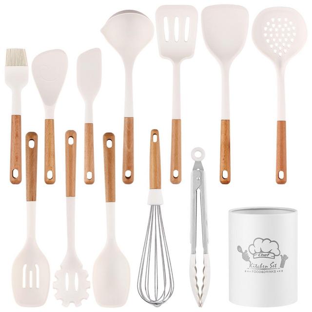 SUGIFT 13-Piece Silicone Cooking Utensils Set – Heat Resistant Kitchen Tools with Wooden Handles & Storage Bucket