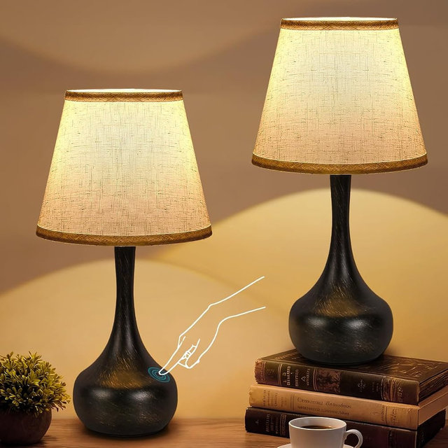 FAISHILAN Touch Table Lamp for Bedroom Set of 2, Farmhouse 3-Way Dimmable Bedside Lamps for Nightstand with Fabric Shade, Lamps for Living Room，Desk Lamps for Home Office, Black Lamp for Bedroom