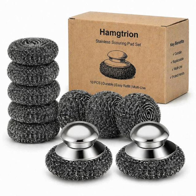 Steel Wool Scrubber, 10-Pack Stainless Steel Scrubber Pads with Handle - The Ultimate Scouring Solution for Rust, Stubborn Messes on Cookware, Grill, Oven & Kitchen Sinks