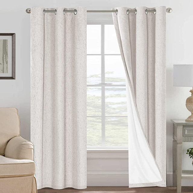 Primitive Linen Curtains 100% Blackout Curtain Drapes Burlap Fabric Curtains with White Thermal Insulated Liner, Grommet Top Curtains Living Room/Bedroom (2 Panels, 42 x 84 Inch, Ivory)