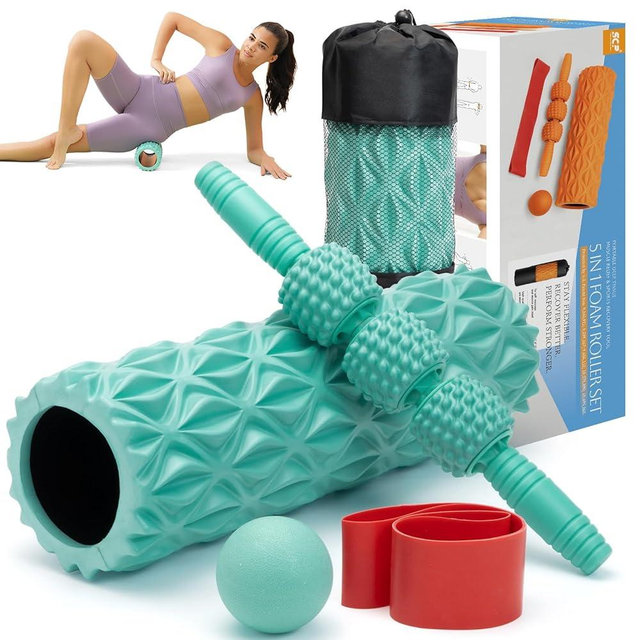 5 in 1 Foam Roller Set Medium Density Back Foam Roller, Muscle Roller Stick, Massage Ball, Exercise Bands, Trigger Point Release for Deep Muscle Massage Pilates Yoga, Fitness Exercise for Whole Body