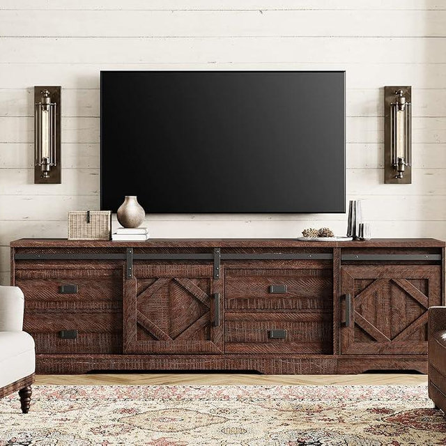 WAMPAT Modern Farmhouse 2 in 1 TV Stand for up to 85" TVs Wood Entertainment Center with Drawers and Adjustable Shelf for Living Room, Rustic Brown