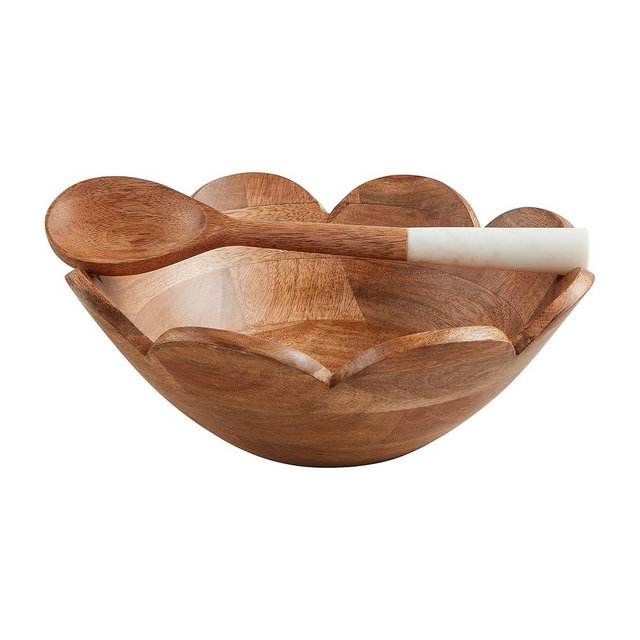 Mud Pie Wood Scallop Bowl with Server, 12" x 4", BROWN