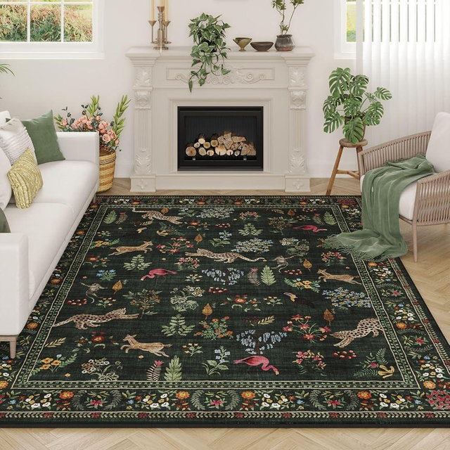 Rugcomf Living Room Rug 6x9 Rug Machine Washable Boho Area Rug Non Slip Floral Animal Vintage Low Pile Large Rug for Living Room, Bedroom, Farmhouse, Dining Room, Kids Playroom (Green)