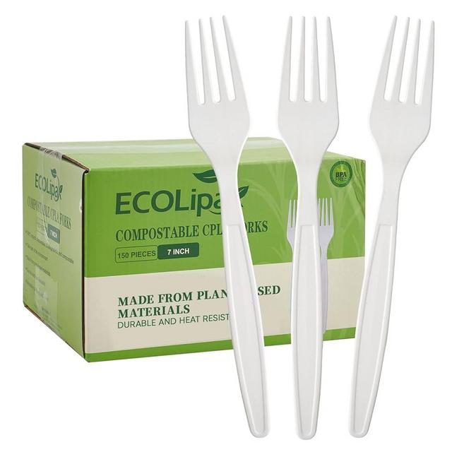 ECOLipak 100% Compostable Forks 150 Pack, 7" Large Size Biodegradable Disposable Cutlery Forks, Heavy Duty Bio based CPLA Utensils for Party, BBQ, Picnic