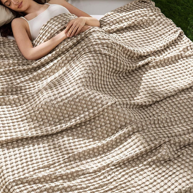 Bedsure Cooling Waffle King Size Blanket - Lightweight Cotton Blanket for Hot Sleepers, Luxury Throws for Bed, Couch and Sofa, Khaki, 104x90 Inches