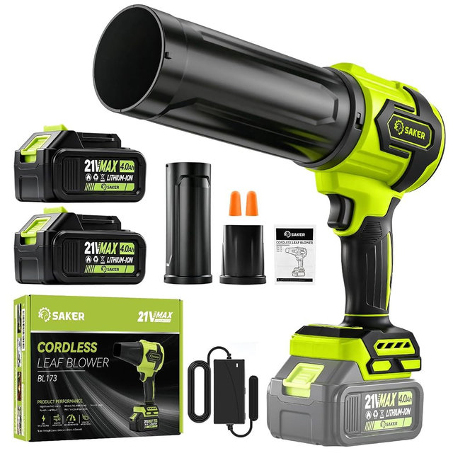 Saker Cordless Leaf Blower Portable Dust Cleaner with 2 Extended Nozzle for Lawn Care Drying Patio Cleaning 2 Batteries