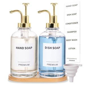 Dish Soap Dispenser for Kitchen, Hand Glass Soap Dispenser Set with Pump, Tray, Funnel for Bathroom, Shower, Laundry, Liquid, Lotion (Gold 2 Pack 18 Oz Clear Bottles with 12 Stickers)