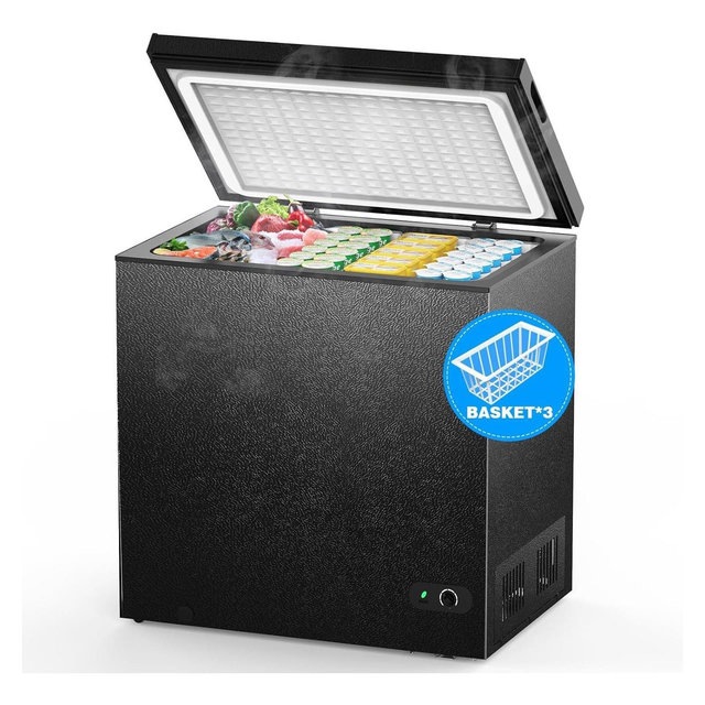 R.W.FLAME 7.0 Cu.Ft Chest Freezer, Deep Freezer with Basket, Drain & 7-Level Thermostat, Top-Open Door, Freestanding Mini Freezer for Home, Black
