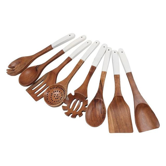 Lavaux Designs Wooden utensils for cooking set of 8, Natural Acacia Wood spoons and spatula set, Non-stick, Durable, Eco- friendly and safe kitchen cooking spoon | white handles | 12 inch each