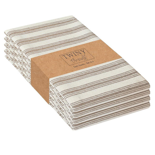 TWINY threads Set of 4 Farmhouse Stripe Kitchen Towels (18x26 Inches) Premium Tea Towels with Hanging Loop, Highly Absorbent 100% Cotton Bulk Kitchen Hand Towels for Drying Cleaning - Brown