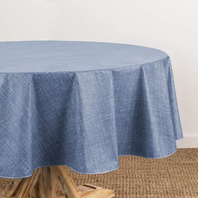 Elrene Home Fashions Monterey Linen Inspired Water- and Stain-Resistant Vinyl Tablecloth with Flannel Backing, 60 inches X 84 inches, Oval, Blue