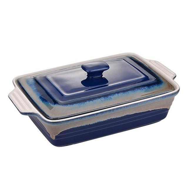 LOVECASA Stoneware Large Casserole Dish with Lid, 4.2 Quart Covered Rectangular Casserole Dish Set, Deep Bakeware Pans Set for Lasagne and Casseroles with Lid, 12.8 x 9.4 x 3.5 Inch, Blue and Grey
