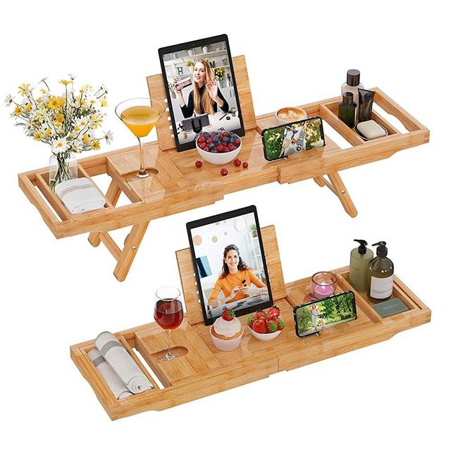 Bathtub Tray Caddy Bamboo 2 in 1 Bath Tub Tray & Bed Tray Expandable Luxury with Legs, Wine Glass Holder, Tablet/Reading Stand, Phone Slot by FURNINXS