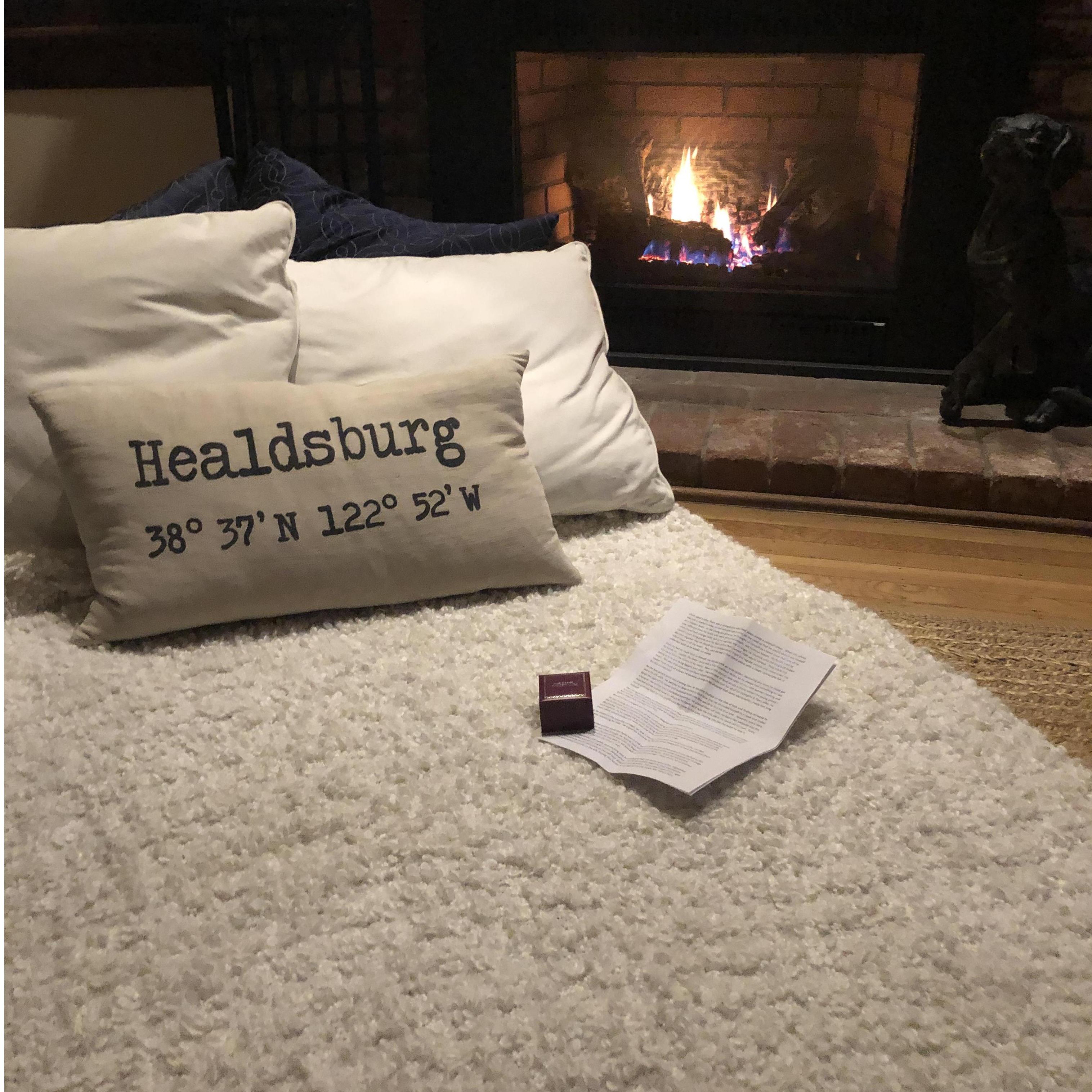 The cozy fireside proposal site.