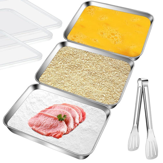 Aemygo 3 Set Stainless Steel Breading Trays Set with Lids, Dust Proof Breading Pans with Tong for Dredging Chicken Breasts，Marinating Meat, Food Prep Trays Oven & Dishwasher Safe