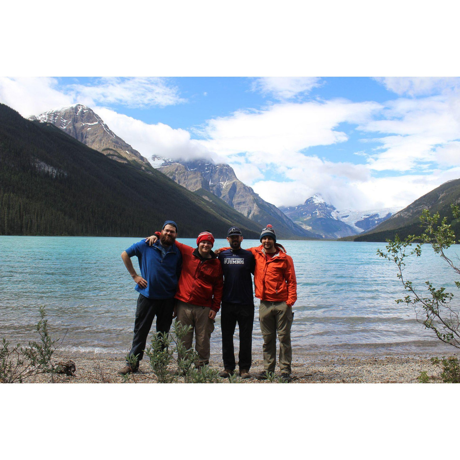 John with groomsman Charlie and friends at Glacier Lake, Banff, BC, CA