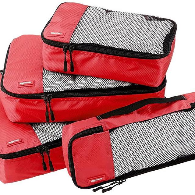 Amazon Basics 4 Piece Packing Travel Organizer Cubes Set, Red
