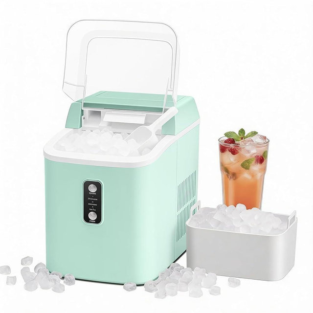 KMFurnila Nugget Ice Maker Countertop, Portable Ice Makers Machine with Removable Basket and Scoop, Self-Cleaning, Quiet, 6-Min Ready, 24lbs in 24Hrs, Visible, for Home, Party, RV, Camping, Green
