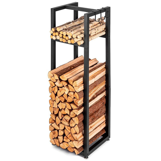 LATIHUUM Firewood Rack Indoor Outdoor with Hooks - 39.8in Heavy Duty Fireplace Log Holder with Adjustable Feet, Metal Fire Wood Storage Racks & Enclosed Frame Fireplace Organizer