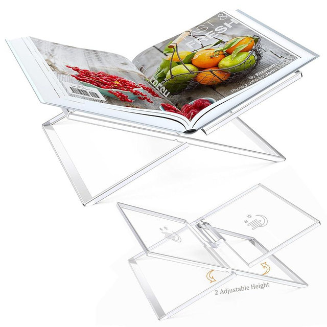 Clear Acrylic Cook Book Stand for Kitchen Counter - Adjustable Height, Large Recipe Book Holders, Open Book Display Stand for Reading Display Cookbook, Bible, Quran, Magazines, Textbooks Easel