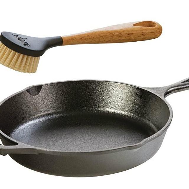Lodge Seasoned Cast Iron Skillet with Scrub Brush- 10.25 inches Cast Iron Frying Pan With 10 inch Bristle Brush