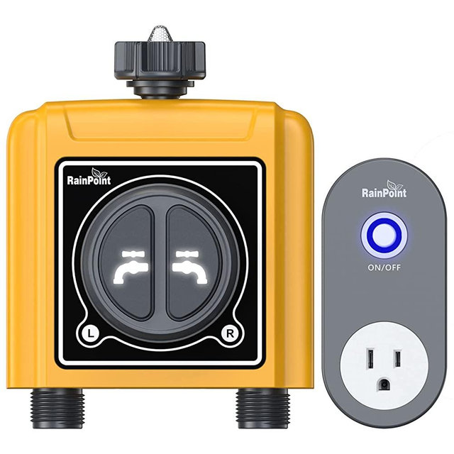 RAINPOINT WiFi Sprinkler Timer 2 Outlets Water Timer, Smart Hose Timer, 2-Zone Watering System Irrigation Valve Controller with Wi-Fi Hub Socket, Automatic Rain Delay, Voice Control, for Garden Lawn