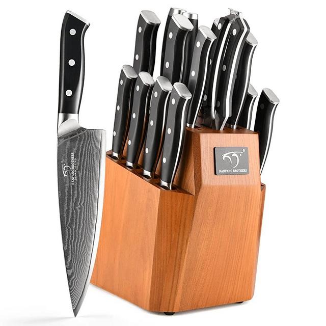 Kitchen Knife Set, 18-Piece Damascus Kitchen Knife Set with Block, ABS Ergonomic Handle for Chef Knife Set, Knife Sharpener and Kitchen Shears, Knife Block Set