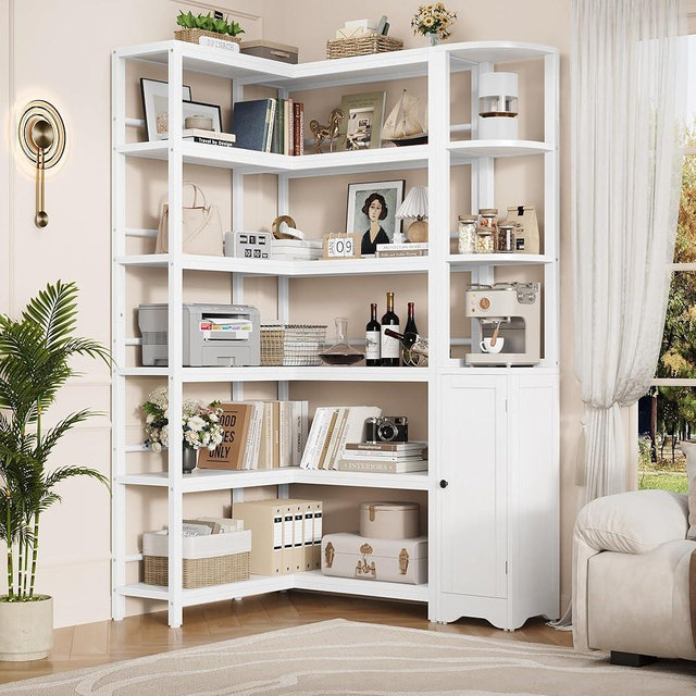 Keyluv White Corner Bookshelf 72" Tall Corner Book Shelves Cases 2 Pieces Open Bookcase Large Storage Display Shelf Standing 6 Tier Shelving Unit with Cabinet for Home office Living Room, Wood & Metal