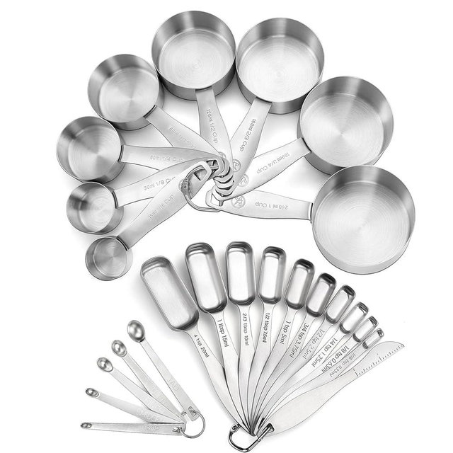 Measuring Cups and Spoons Set of 24 Piece in 18/8 Stainless Steel, Heavy Duty 8 Measuring Cups, 10 Measuring Spoons, 1 Leveler & 5 Mini Measuring Spoons Ideal for Dry and Liquid Ingredients