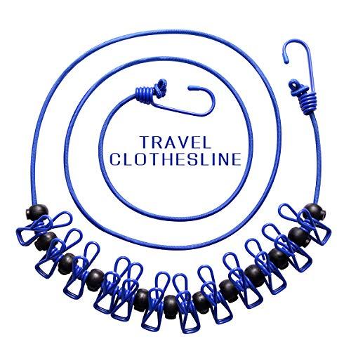 xucoo Portable Travel Clothesline with Clothespins Easy to Carry and Install Stretchy Retractable Clothesline for Travel Camping Hiking Outdoor and Indoor Laundry Clothes Drying Line（12 Clips）