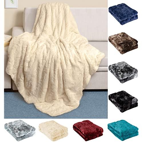 Everlasting Comfort Luxury Faux Fur Throw Blanket - Ultra Soft and Fluffy - Plush Throw Blankets for Couch Bed and Living Room - Fall Winter and Spring - 50x65 (Full Size) Ivory