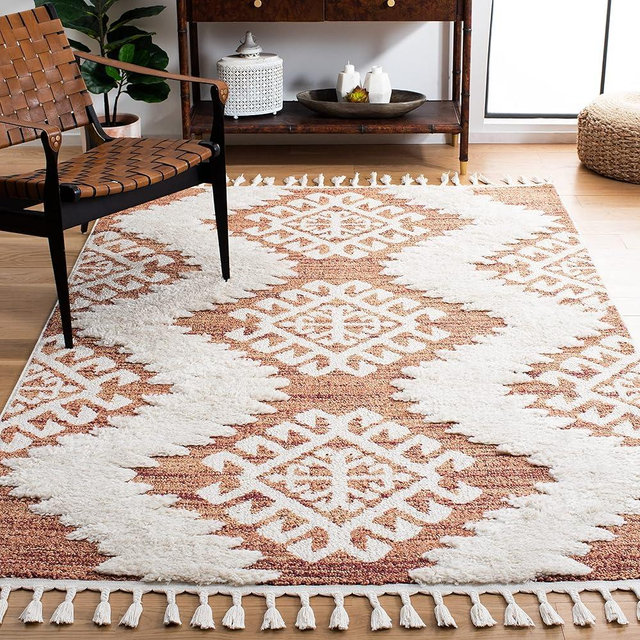 SAFAVIEH Moroccan Tassel Shag Collection Area Rug - 6'7" x 9'2", Orange & Ivory, Boho Design, Non-Shedding & Easy Care, 2-inch Thick Ideal for High Traffic Areas in Living Room, Bedroom (MTS652P)