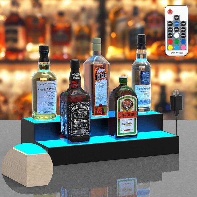 upcessory Wood Lighted Liquor Bottle Display Shelf, 2 Tier 16 Inch LED Alcohol Whiskey Rack Stand Tray for Home Bar Living Room Accessories and Decor, Bourbon Shelf for 8 Bottles