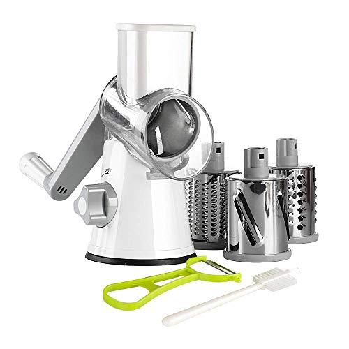 Ourokhome Rotary Cheese Grater Shredder - 3 Drum Blades Manual Vegetable Slicer Nut Grinder with Vegetable Peeler and Cleaning Brush (white Gray)