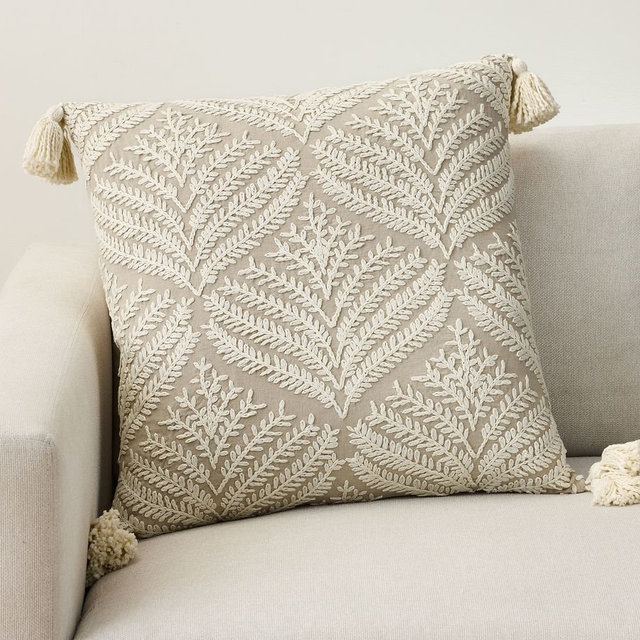 Fern Embroidered Tassle Pillow Cover, Flax, 22"