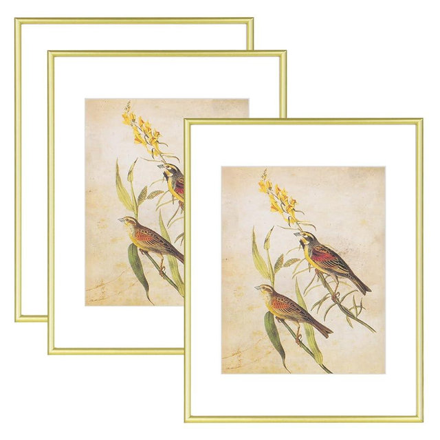 Fkvat 11x14 Picture Frame Set of 3, Matte Gold Modern Aluminum Metal Photo Frame with HD Glass, Fits 8x10 with Mat or 11 x 14 without Mat, for Horizontal Wall Mounting