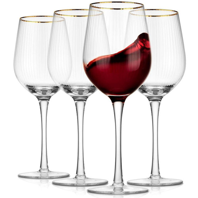 Royalrose Premium Cheerfull Wine Glasses, 14.2 oz Hand-Blown Glasses with Gold Rim, Fluted Design, Elegant Gift Packaging, Perfect for Special Occasions (4)