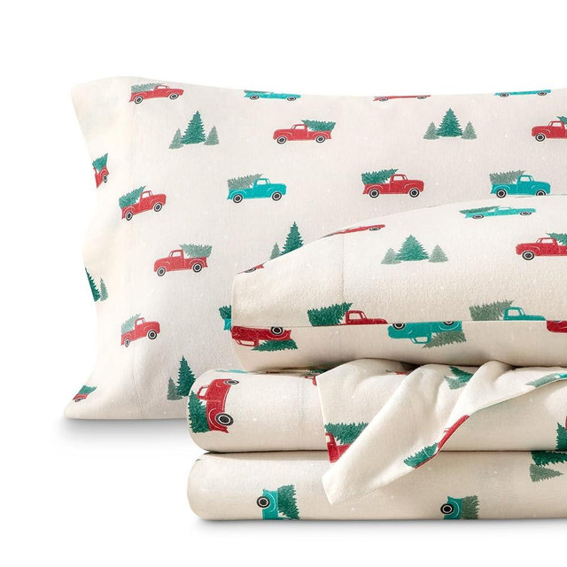 Bare Home Flannel Sheet Set Prints, 100% Cotton, Velvety Soft Heavyweight - Christmas Sheets - Double Brushed Flannel for Extra Softness & Comfort - Deep Pocket - Holiday Sheets (King, Vintage Truck)