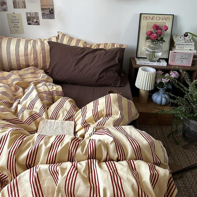 mixinni Retro Striped Duvet Cover Set King - 100% Natural Cotton 3-Piece Vintage Red Stripes Pattern Printed Bedding Set, Soft Breathable Comforter Cover with Zipper Closure & Corner Ties, King Size